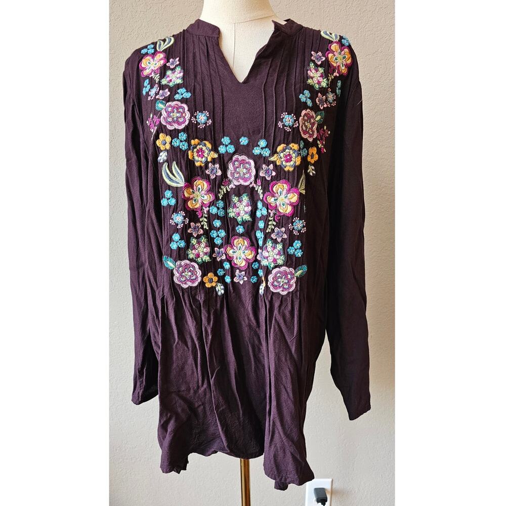Ulla Popken Relaxed Fit Embroidered Floral V-Neck Boho Tunic Top XL 12 14 Purple